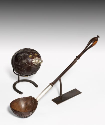 18th Century Carved Relief ‘Bugbear’ Coconut Flask and Ladle