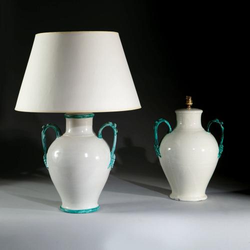 A Matched Pair of White and Green Lamps
