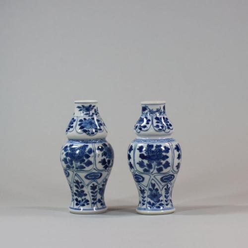 Pair of miniature Chinese blue and white waisted lobed vases, Kangxi (1662-1722)