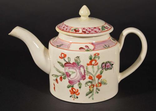 English Creamware Polychrome Teapot and Cover, Circa 1785-90