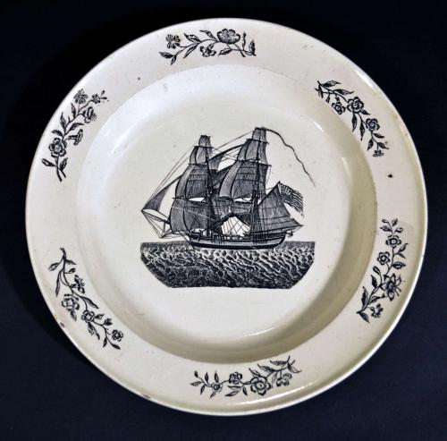 English Pottery Creamware Plate of an American Ship, Circa 1785-1800