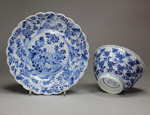 Chinese blue and white moulded bowl and saucer, Kangxi (1662-1722)
