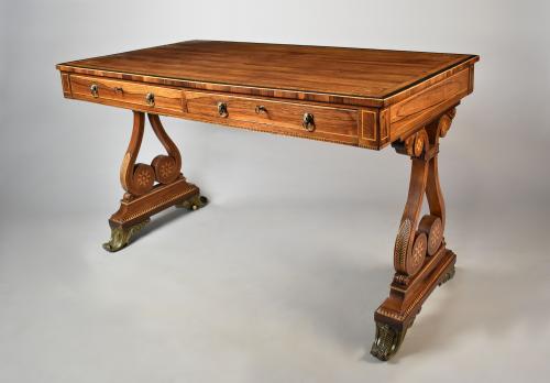 A fine Regency rosewood lyre ended writing table, c.1810.