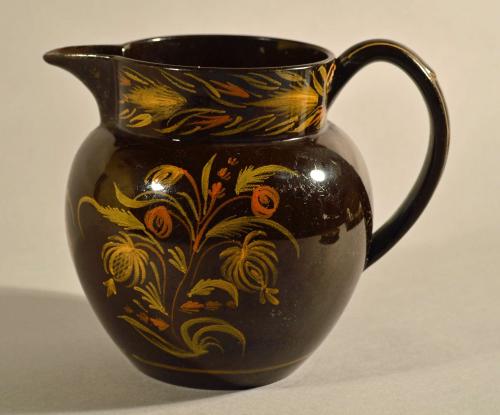 British Pearlware Brown Dipped-ware Jug with Yellow and Orange Flower Decoration, Possibly Swansea, Circa 1820
