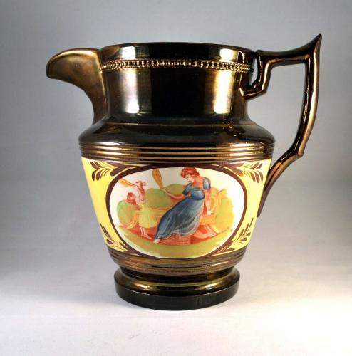 English Pottery Copper Lustre and Yellow Large Jug with Panels of Adam Buck Figures