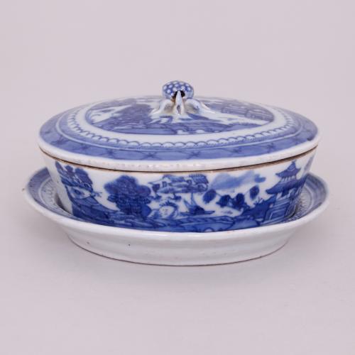Chinese Blue and White Butter Dish, Cover and Stand