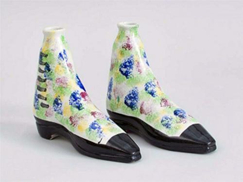 British Pottery Pearlware Sponged Spirit Flasks Modelled in form of Boots, Scottish, Circa 1840-50. 