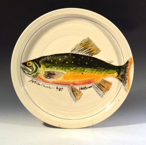 Carole Moses Harman Ceramic Dish Painted with Fish, Arctic Char, Dated June 1987