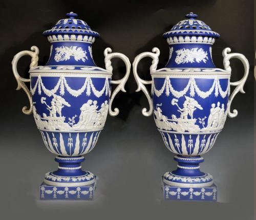 Pair of Remarkable Blue Jasper Dipped Sprigged Stoneware Vases & Covers, Attributed to Neale, Early 19th century