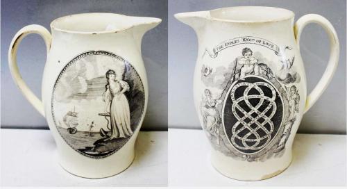 English Large Creamware Jug decorated with the "Endless Knot of Love" Pattern, Probably Herculaneum, Liverpool, Circa 1800