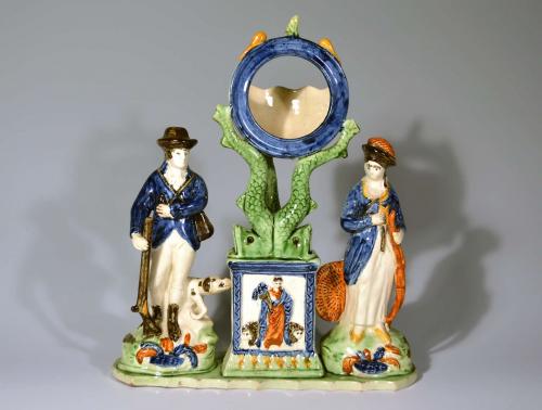 Yorkshire Pearlware Prattware Watchholder Unusually Flanked by Hunter and Huntress, 1800-20 