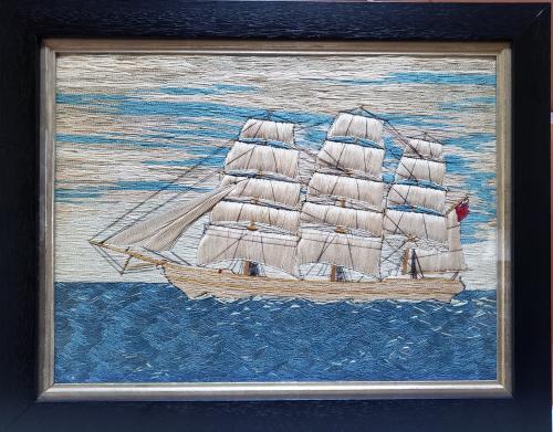British Sailor's "Woolwork" but made of Pearled Cotton of a Merchant Navy Ship at Sunset.   Circa 1875 
