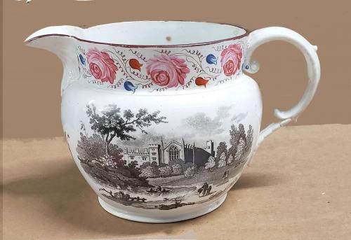 Pearlware Jug with Scene of an Abbey surrounding the body and Painted Roses around the Rim, Circa 1820