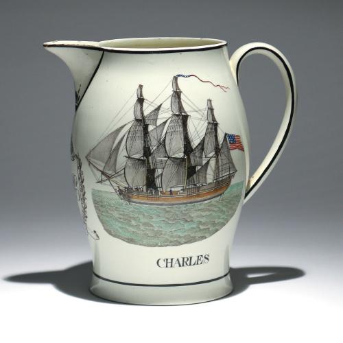 Liverpool Creamware Jug with American Ship and name Charles Probably Herculaneum Pottery, Circa 1800-10