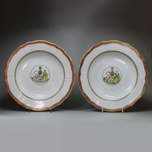 Pair of Chinese famille rose 'Danish market' armorial plates, Qianlong (1736-95)