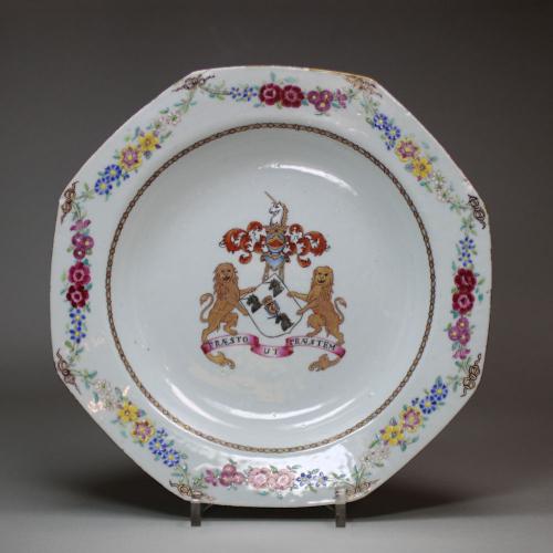 Chinese octagonal famille rose armorial soup plate, circa 1770