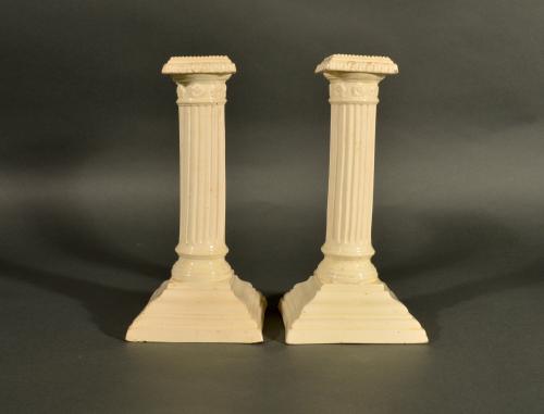 English Plain Creamware Square-base Candlesticks, Circa 1780-1800