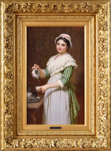 Genre oil painting of a maiden pouring tea by Pierre-Louis Bouchard