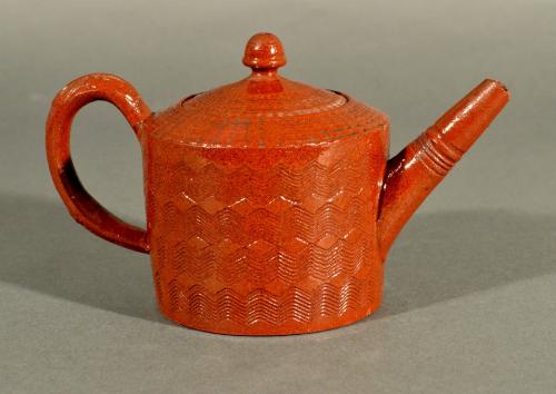 English Glazed Redware Engine-turned Tea Pot & Cover, Circa 1780