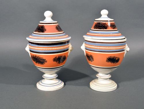 Mocha Pottery Covered Urns with Lion-head Handles, Circa 1825