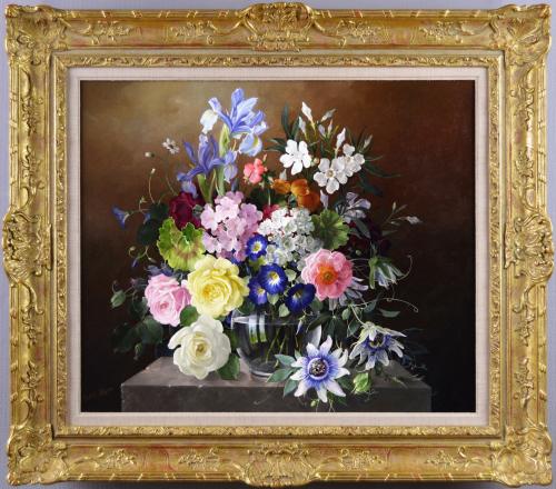 Still life oil painting of flowers in a glass vase by Harold Clayton