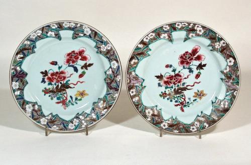 Chinese Export Porcelain Set of Six Famille Rose Plates, Circa 1730-35