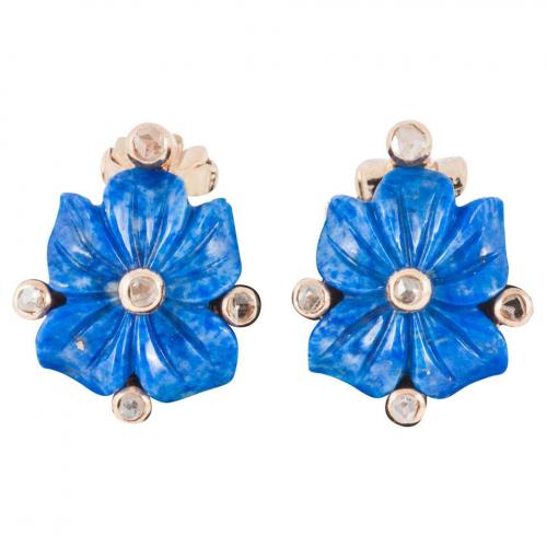 Vintage Lapis Lazuli Carved Flower Earrings with Diamond Collets, Italian* circa 1950