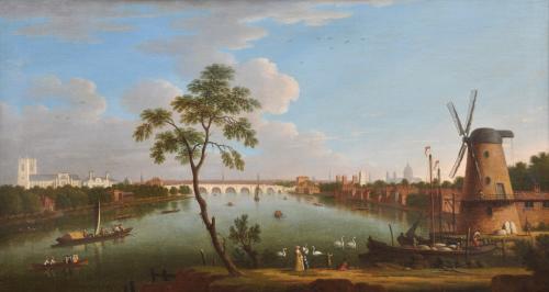 A view of the Thames looking east with Westminster Bridge, Randalls’ Mill in Nine Elms in the right foreground, Lambeth Palace, St Paul’s and Westminster Abbey 