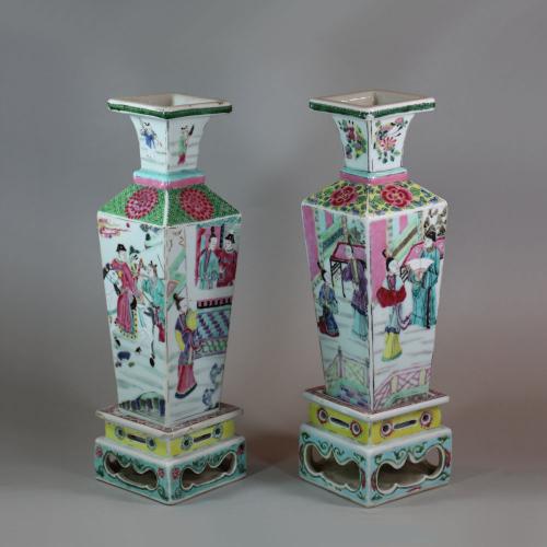 Rare near pair of Chinese famille rose vases and stands, Yongzheng (1723-35)