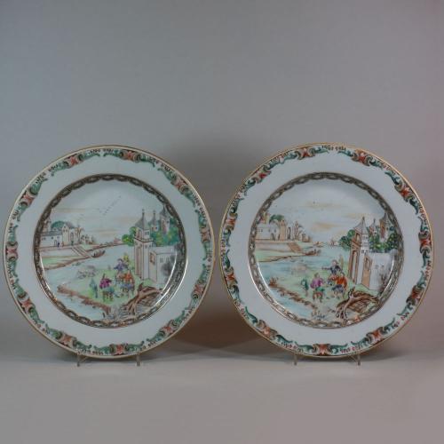 Pair of Chinese famille rose European subject plates, Qianlong (1736-95)