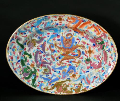 Chinese Export Famille Rose Porcelain Dish, Dragons Chasing The Flaming Pearl, Circa 1820-40
