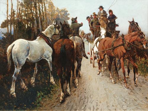 Gilbert Scott Wright (British 1880-1958) Fresh Horses for the Stagecoach