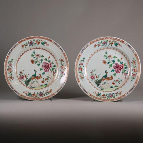 Pair of Chinese 'double-peacock' plates, Qianlong(1736-95)