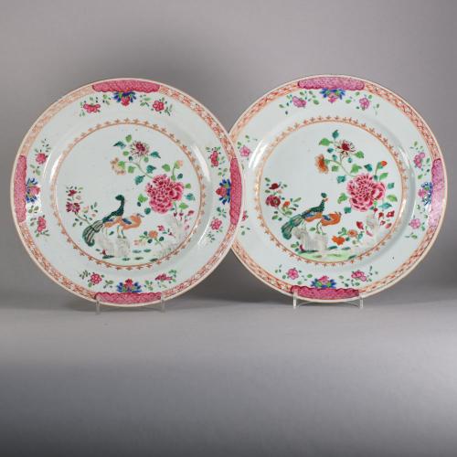 Pair of Chinese double-peacock plates, Qianlong (1736-95)