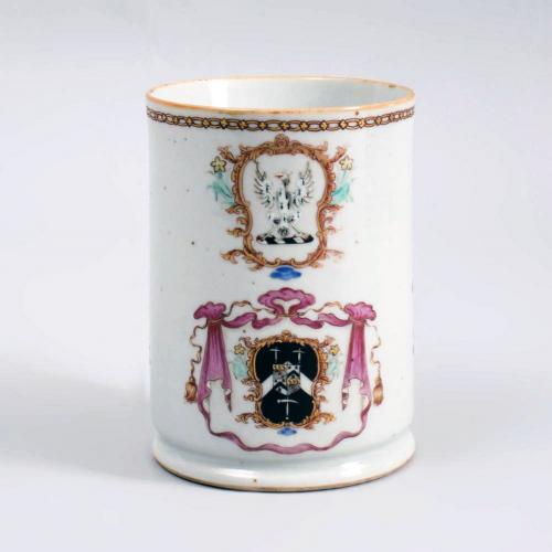 Chinese Export Porcelain Armorial Tankard, Mosey with Pulleyne in Prentice, Circa 1755