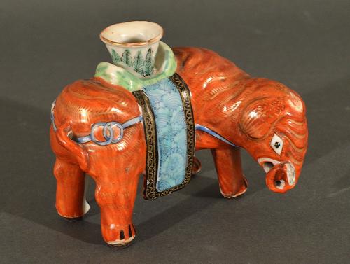 Chinese Export Porcelain Small Canton Famille Rose Elephant Modeled as a Candlestick, Circa 1860