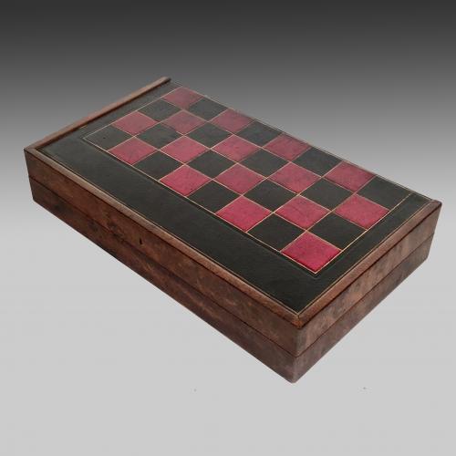 French walnut and burr walnut folding backgammon/chess board
