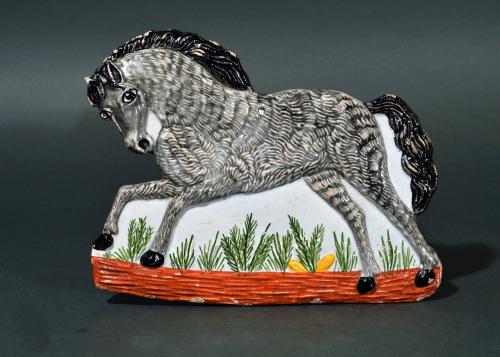 Continental Faience Plaque in the Form of a Horse, Circa 1840, Probably Rorstrand
