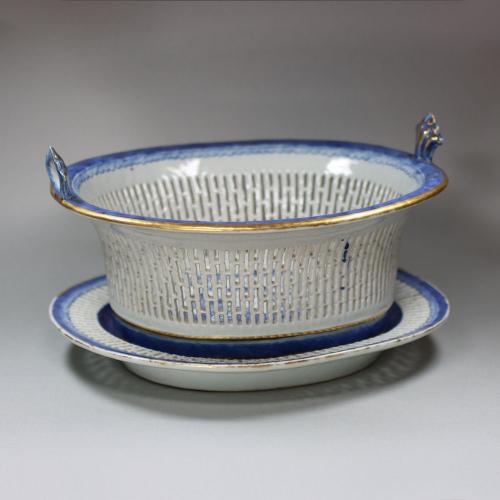 Chinese blue and white pierced fruit-basket and under-dish, c. 1800