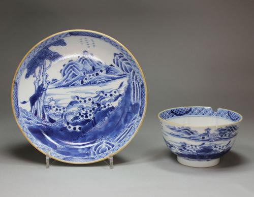 Very rare Chinese export blue and white teabowl and saucer, c.1770