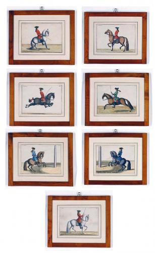 Baron D'Eisenberg Set of Seven Handcoloured Prints of Horses, L'art de monter a cheval: ou Description du manége moderne, dans sa perfection, Published in 1747