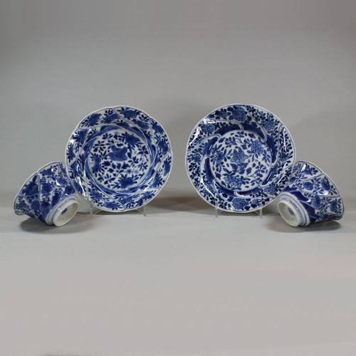 Pair of Chinese blue and white moulded teabowls and saucers, Kangxi (1662-1722)