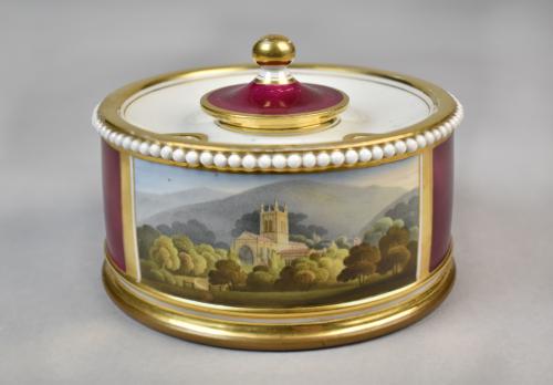 Worcester Flight, Barr & Barr claret ground inkwell decorated with a view of Malvern Church, c.1820