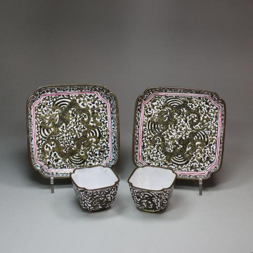 Pair of Chinese Canton enamel cups and saucers, 18th century