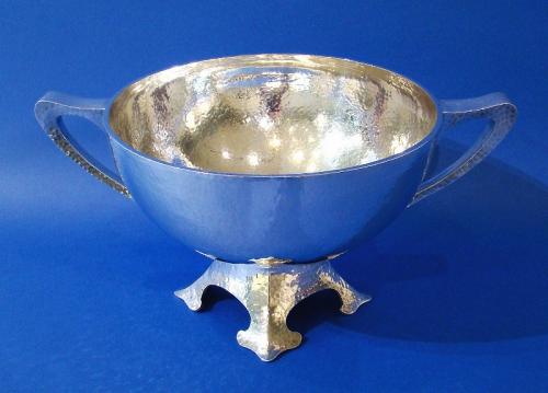 Large Arts and Crafts Silver Hammered Decorated 2-Handled Bowl