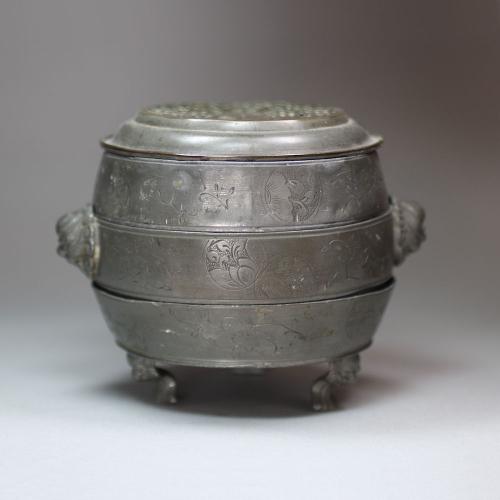 Chinese pewter three-tier box, late 18th/early 19th century