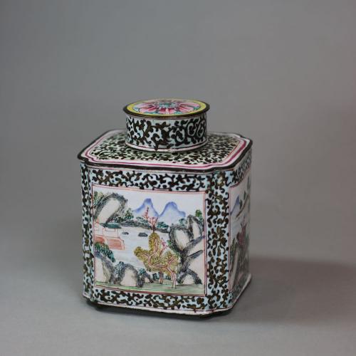 Chinese Canton enamel square-section tea canister and cover, Qianlong (1736-95)