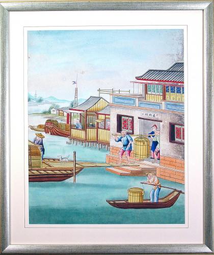Chinese Gouache & Watercolour Large Painting of a Riverside Scene, Circa 1850-80