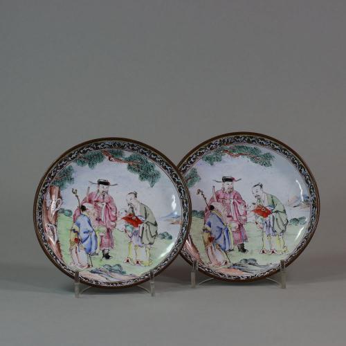 Pair of Chinese canton enamel saucer dishes, Qianlong (1736-95)