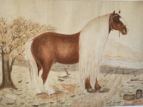 Large Watercolor of a Barge Horse, Named Bob, Signed M.N. Carr, Circa 1860